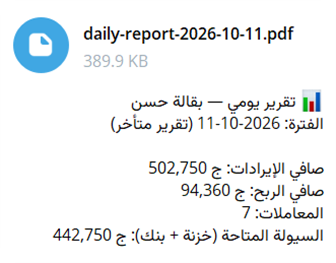 رسالة تيليجرام بالتقرير اليومي مع ملف PDF
