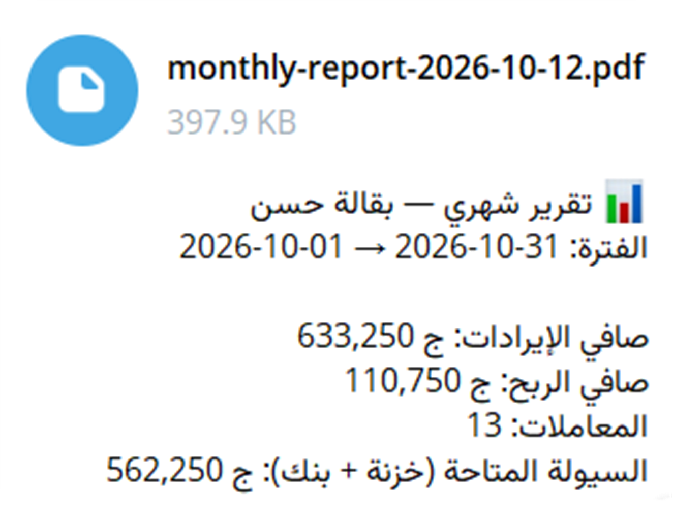 رسالة تيليجرام بالتقرير الشهري مع ملف PDF